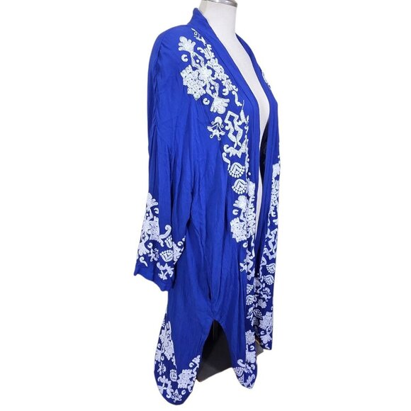 CHICO'S Womens Open Front Kimono Duster Size L XL Bright Blue White Embroidery - Picture 3 of 7